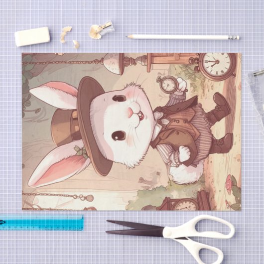 Cute White Rabbit Wonderland Whimsical Timekeeper Seidenpapier (Handwerk)