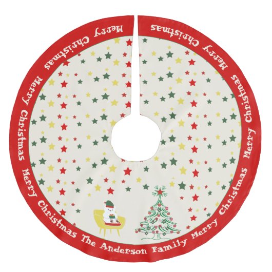 Cute White Teddy Bear & Pine Tree Merry Christmas Polyester Weihnachtsbaumdecke (Vorderseite)