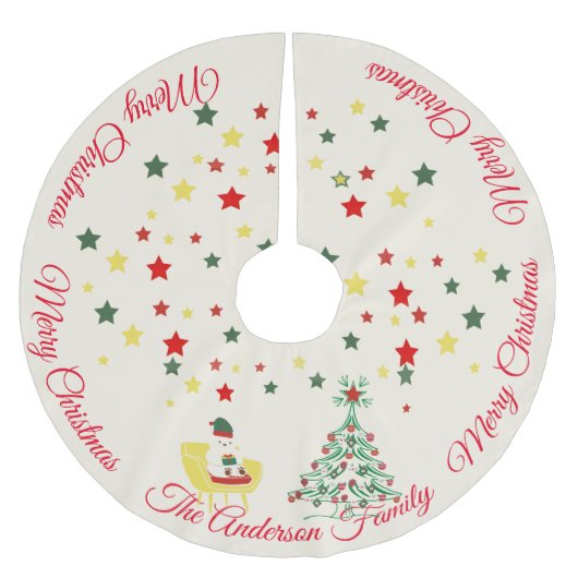 Cute White Teddy Bear & Tree Merry Christmas Polyester Weihnachtsbaumdecke (Vorderseite)