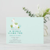 Cute Whole Llama Fun Aqua First Birthday Photo Einladung (Stehend Vorderseite)