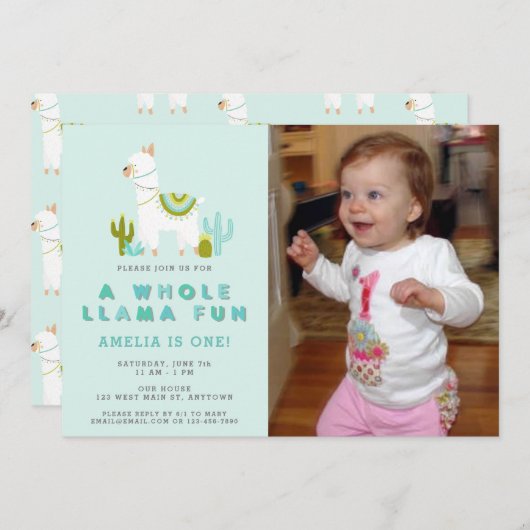 Cute Whole Llama Fun Aqua First Birthday Photo Einladung (Vorne/Hinten)