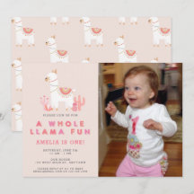 Cute Whole Llama Fun Pink First Birthday Photo