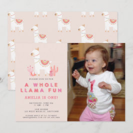 Cute Whole Llama Fun Pink First Birthday Photo Einladung
