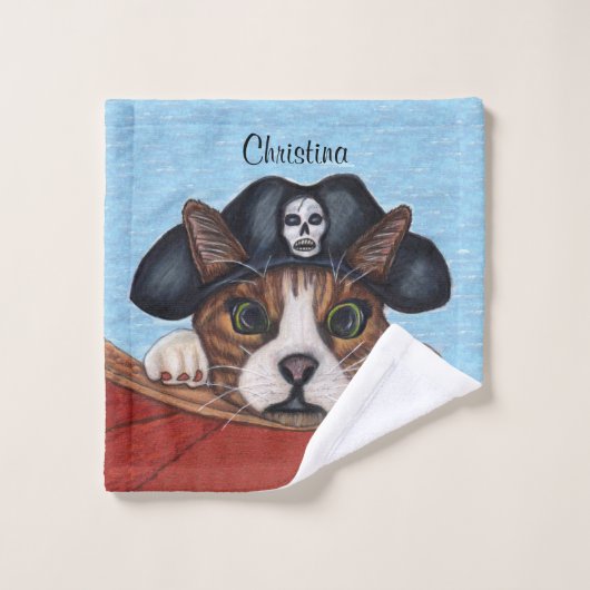 Cute Wide Eyed Brown Cat Pirate Hat Red Boat Waschlappen (Waschlappen)