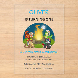 Cute Wild Animals Campfire Kids 1st Birthday Acryleinladungen