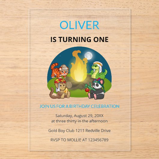 Cute Wild Animals Campfire Kids 1st Birthday Acryleinladungen (Vorderseite)