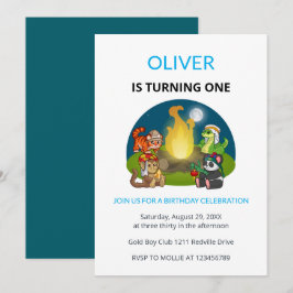 Cute Wild Animals Campfire Kids First Birthday Einladung