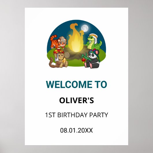 Cute Wild Animals Jungle Camping Birthday Welcome Poster (Vorne)