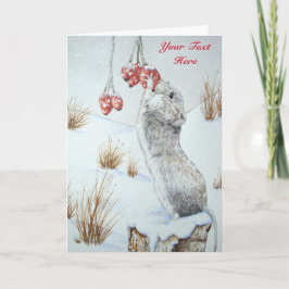 Cute wild wood mouse red berries snow scene art feiertagskarte