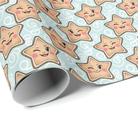 Cute Winking Gingerbread Star Cookie Pattern Geschenkpapier (Rolleneckpunkt)
