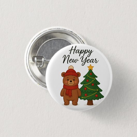 Cute Winter Bear with ChristmasTree Happy New Year Button (Vorne & Hinten)