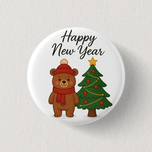 Cute Winter Bear with ChristmasTree Happy New Year Button (Vorderseite)