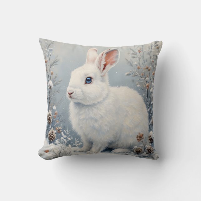 Cute Winter Bunny – White Rabbit with Blue Eyes Kissen (Vorderseite)