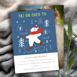 Cute Winter Forest Bear Ski Photo Kids Birthday Einladung
