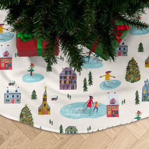 Cute Winter landscape houses skating people Polyester Weihnachtsbaumdecke
