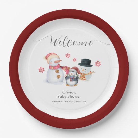 Cute Winter Penguin Snowman Baby Shower Welcome Pappteller (Vorderseite)