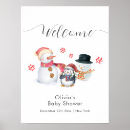 Cute Winter Penguin Snowman Baby Shower Welcome Poster