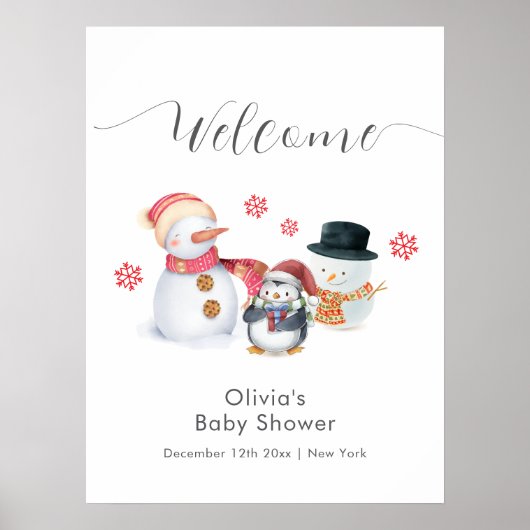 Cute Winter Penguin Snowman Baby Shower Welcome Poster (Vorne)