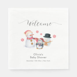 Cute Winter Penguin Snowman Baby Shower Welcome  Serviette