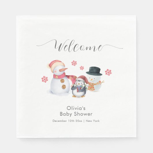 Cute Winter Penguin Snowman Baby Shower Welcome  Serviette (Vorderseite)