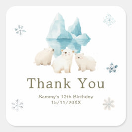 Cute Winter Polar Bears Birthday Party Quadratischer Aufkleber