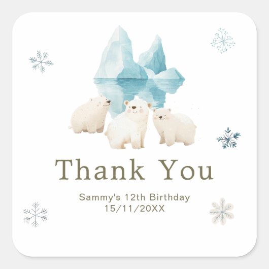 Cute Winter Polar Bears Birthday Party Quadratischer Aufkleber (Vorderseite)
