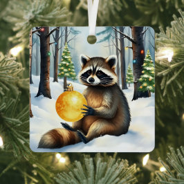 Cute Winter Raccoon with Gold Ornament Christmas