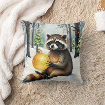 Cute Winter Raccoon with Gold Ornament Christmas