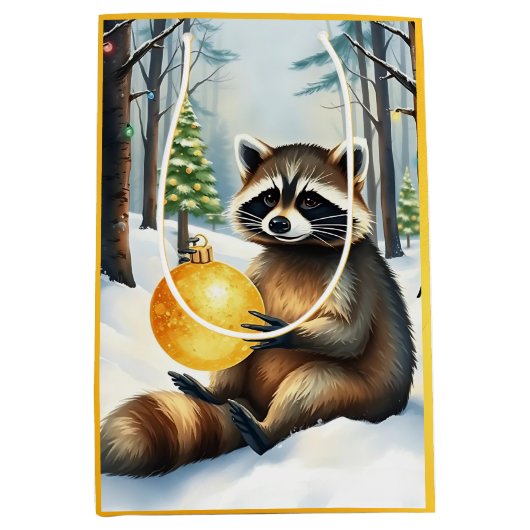 Cute Winter Raccoon with Gold Ornament Christmas Mittlere Geschenktüte (Vorderseite)