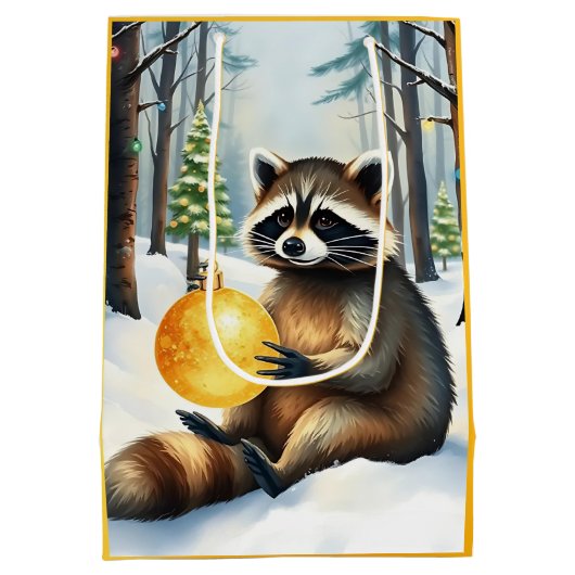 Cute Winter Raccoon with Gold Ornament Christmas Mittlere Geschenktüte (Rückseite)