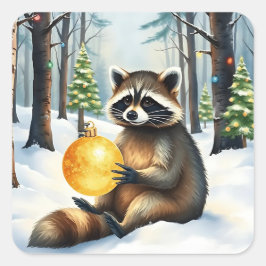 Cute Winter Raccoon with Gold Ornament Christmas Quadratischer Aufkleber