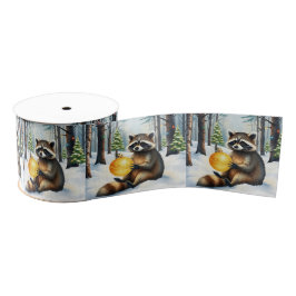 Cute Winter Raccoon with Gold Ornament Christmas Ripsband