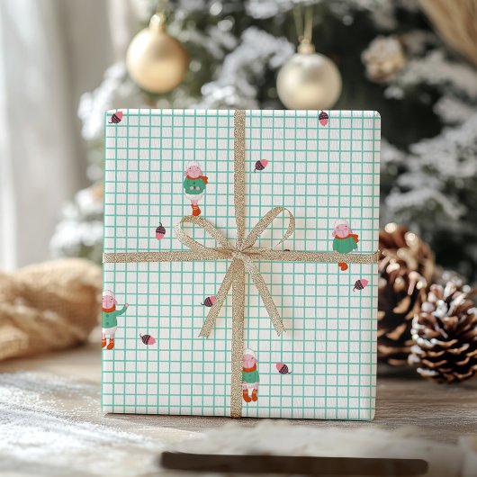 Cute Winter Sheep & Acorns on Mint Grid- Christmas Geschenkpapier