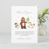 Cute Winter Teddy Bear Snowman Toys Baby Shower Dankeskarte (Stehend Vorderseite)