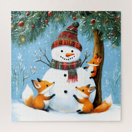 Cute Winter Woodland Snowman Foxes Puzzle (Vertikal)