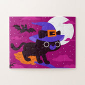 Cute Witch Cat Flying on Broom Halloween Kawaii Puzzle (Horizontal)