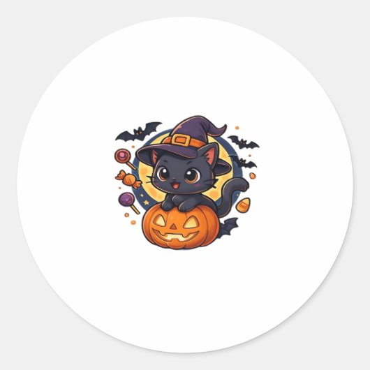 Cute Witch Cat on Pumpkin � Halloween Art Oversize Runder Aufkleber (Vorderseite)
