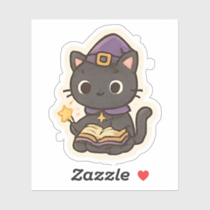 Cute Witch Cat Reading a Book – Kawaii Halloween Aufkleber