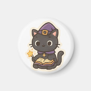 Cute Witch Cat Reading a Book – Kawaii Halloween Magnet