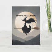 Cute Witch Girl her Broom & Cat Kids Halloween Karte (Vorderseite)