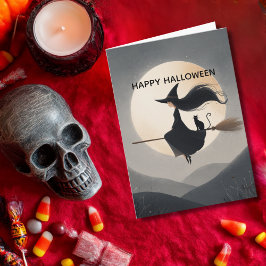 Cute Witch Girl her Broom & Cat Kids Halloween Karte