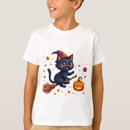 Cute Witch Kitten Riding Broom Halloween T-Shirt