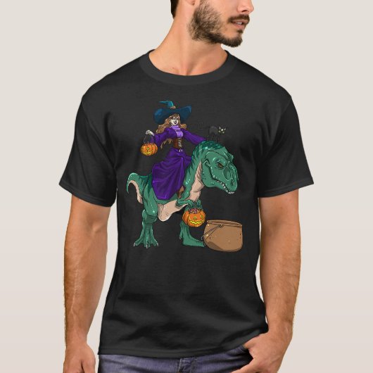 Cute Witch riding Dinosaur Halloween T-Shirt (Vorderseite)