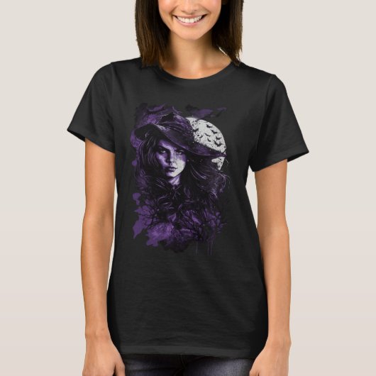 Cute Witch Wiccan Wicca Pagan Girl under Full Moon T-Shirt (Vorderseite)