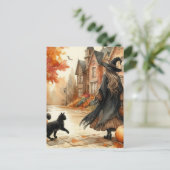 Cute Witch With Her Black Kitty Autumn Watercolor Postkarte (Stehend Vorderseite)