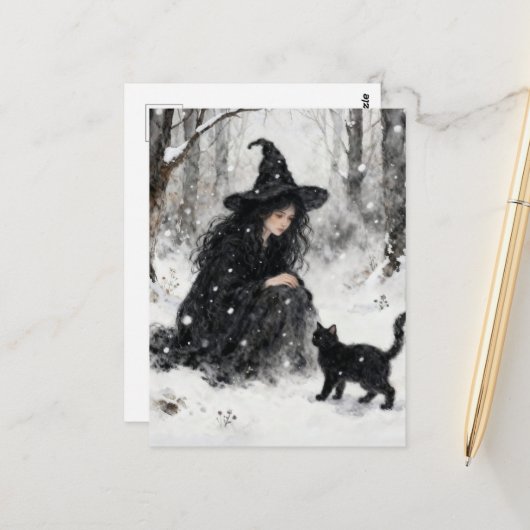 Cute Witch With Her Black Kitty Winter Watercolor Postkarte (Vorderseite/Rückseite Beispiel)