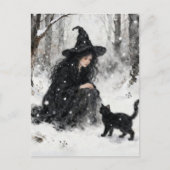 Cute Witch With Her Black Kitty Winter Watercolor Postkarte (Vorderseite)
