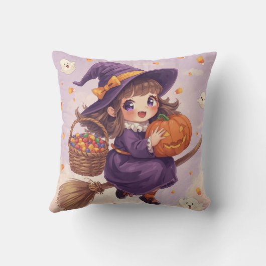 Cute Witch with Pumpkin Halloween Pillow Kissen (Rückseite)
