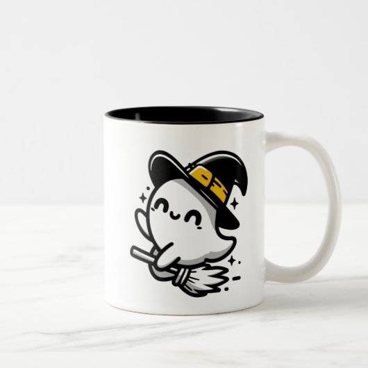 Cute Witchy Ghost on Broom Halloween Mug | Two-Sid Zweifarbige Tasse (Rechts)