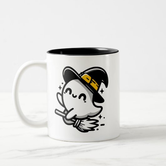 Cute Witchy Ghost on Broom Halloween Mug | Two-Sid Zweifarbige Tasse (Links)